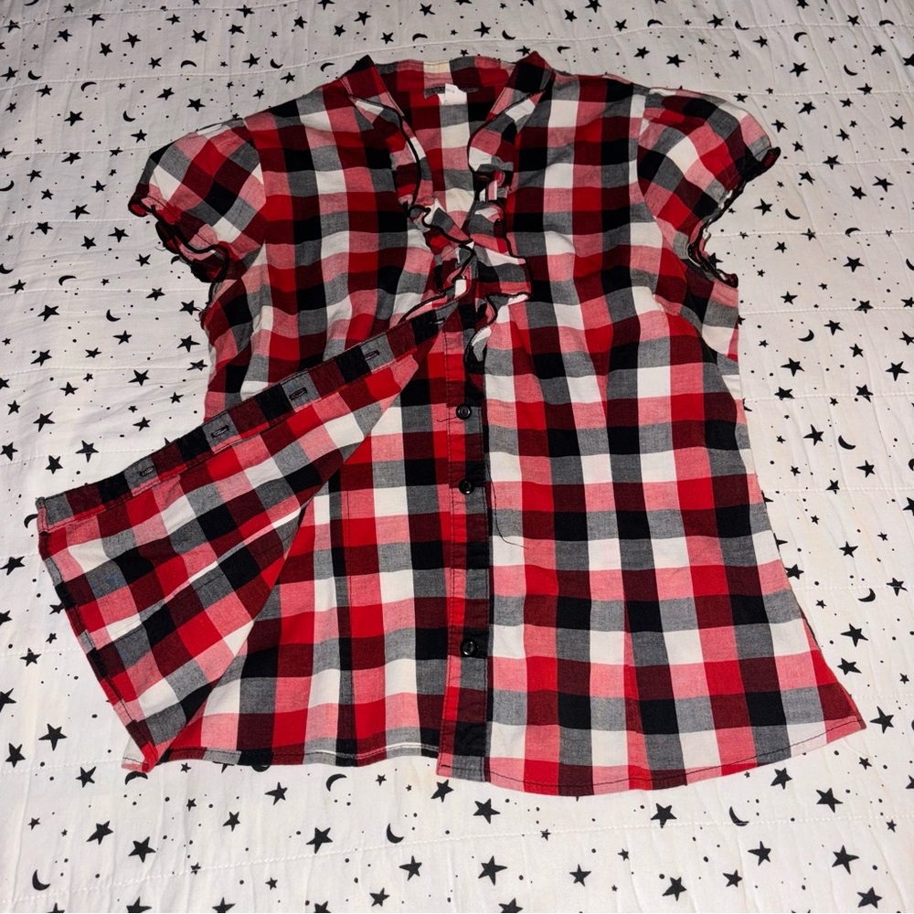 Celine red and black plaid blouse with ruffles. Size M. - Picture 3 of 7